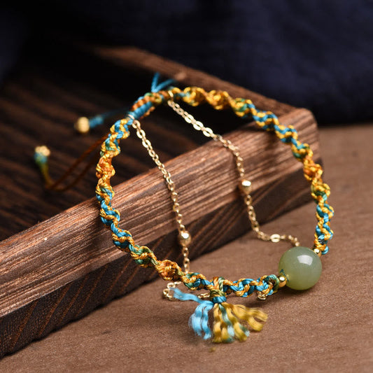 Ancient Tibetan Buddhist Red String Tradition  Handmade Colorful Rope Luck Jade Bead Abundance Double Layer Bracelet