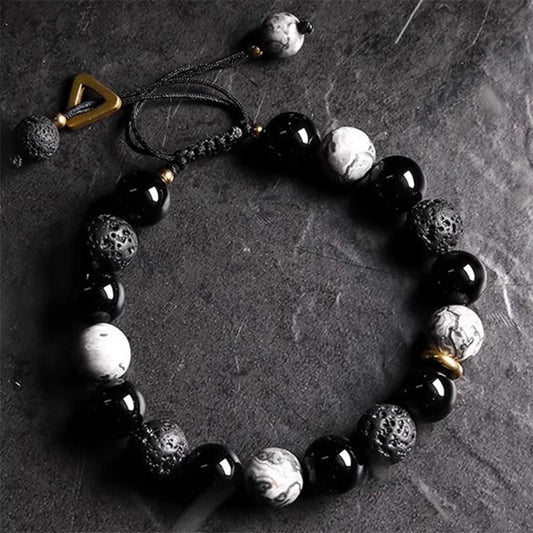 Spirituality Buddha Karma Black Obsidian Lava Rock Stone Yin Yang Strength Bracelet