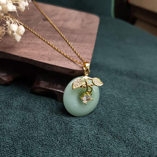 Jade  Round Jade Leaf Blessing Fortune Necklace Chain Pendant
