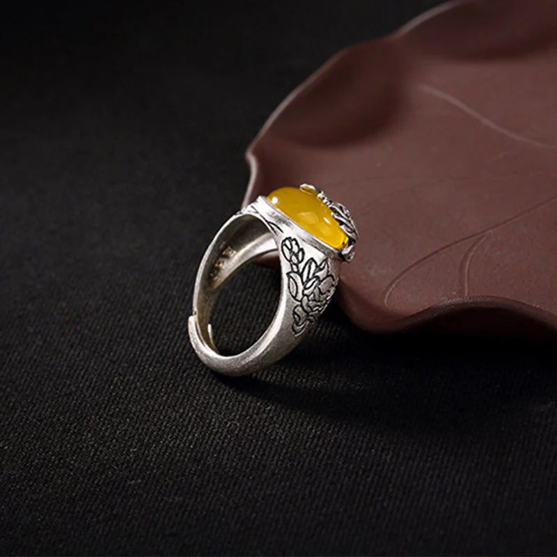Golden Energy Citrine Silver Wealth Solar Plexus Chakra (Third Chakra) Lotus Blessing Protection Adjustable Ring