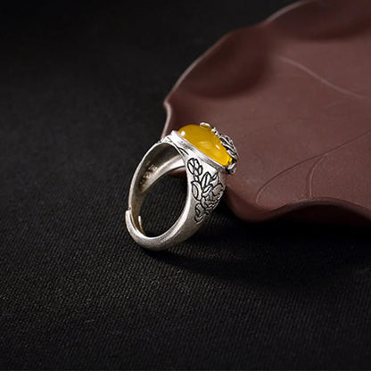 Golden Energy Citrine Silver Wealth Solar Plexus Chakra (Third Chakra) Lotus Blessing Protection Adjustable Ring