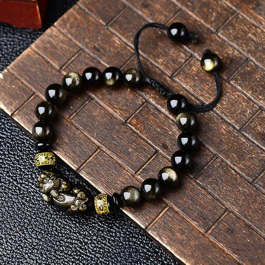 Spirituality Buddha Karma Natural Gold Sheen Obsidian PiXiu Om Mani Padme Hum Wealth Braided Bracelet