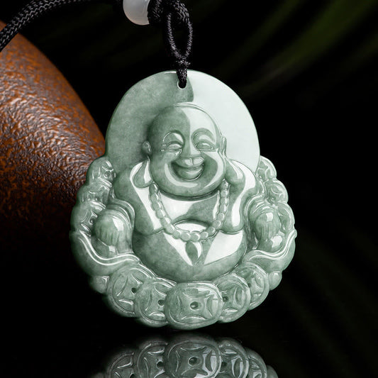 Buddha Energy Necklace Laughing Buddha Natural Jade Copper Coin Abundance Necklace Pendant
