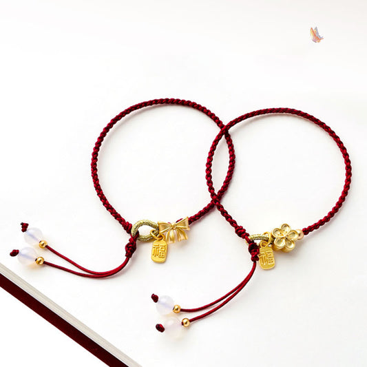 Ancient Tibetan Buddhist Red String Tradition  Handmade Peach Blossom Rosette Bow Knot Fu Character Charm Luck Fortune Red Rope Bracelet
