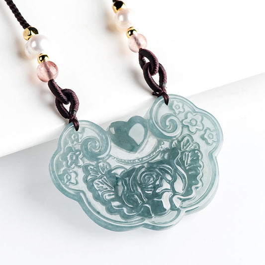 Jade  Natural Jade Peony Flower Lock of Good Wishes Prosperity Necklace Pendant