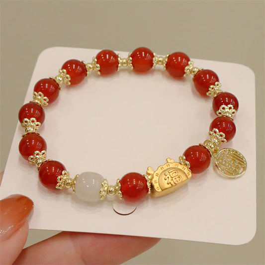 Spirituality Buddha Karma Year Of The Dragon Red Agate Strawberry Quartz Black Obsidian Jade Garnet Pearl Cinnabar Dumpling Dragon Luck Fu Character Bracelet