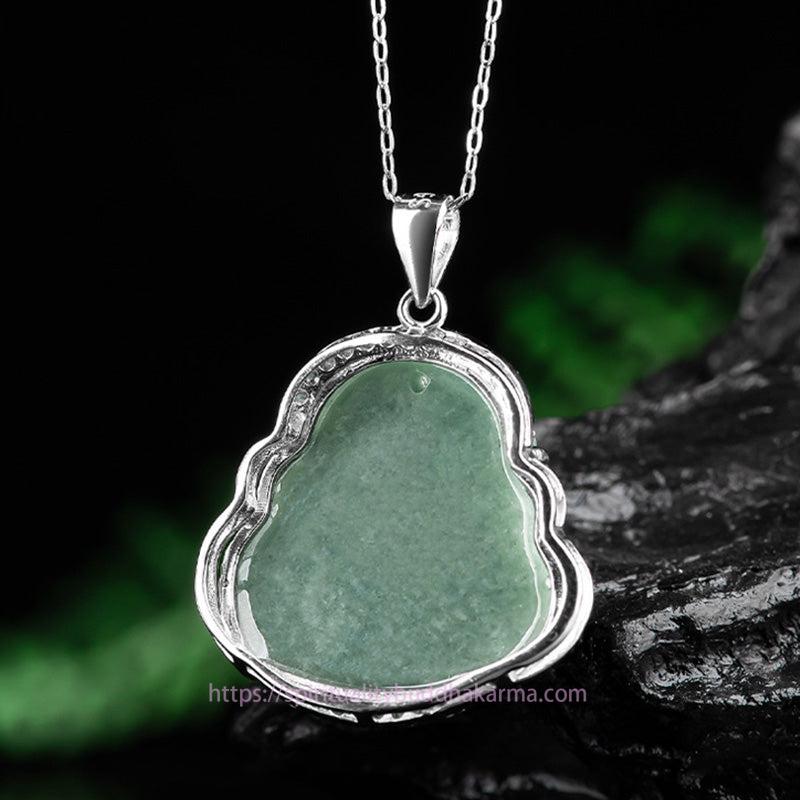 Jade  925 Sterling Silver Laughing Buddha Jade Abundance Necklace Chain Pendant