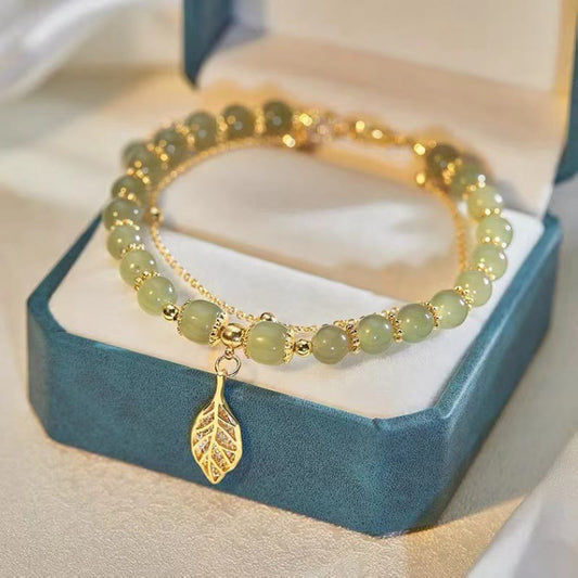Jade  Jade Leaf Ginkgo Tulip Peanut Fu Character Luck Beaded Bracelet