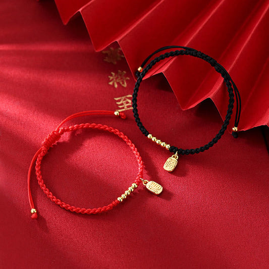 Ancient Tibetan Buddhist Red String Tradition  Handmade Fu Character Charm Luck Fortune Rope Bracelet
