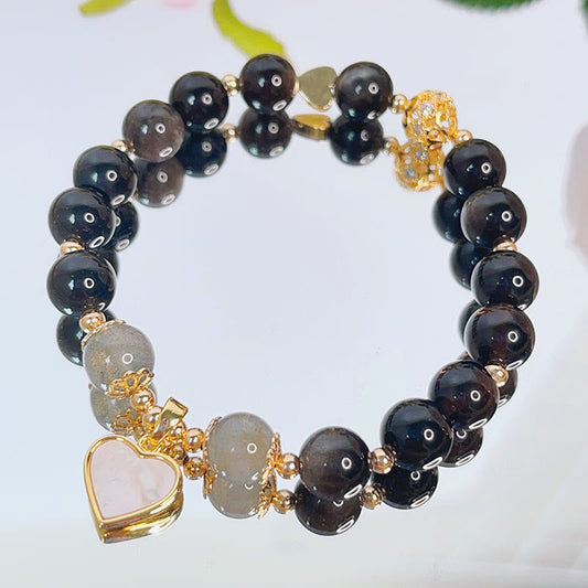 Spirituality Buddha Karma Natural Silver Sheen Obsidian Love Heart Star Flower Protection Bracelet