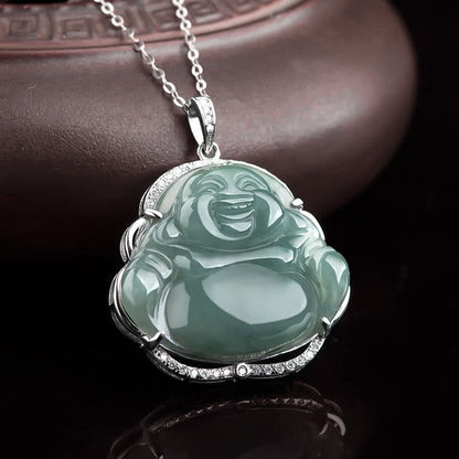 Jade  925 Sterling Silver Laughing Buddha Natural Jade Luck Necklace Chain Pendant
