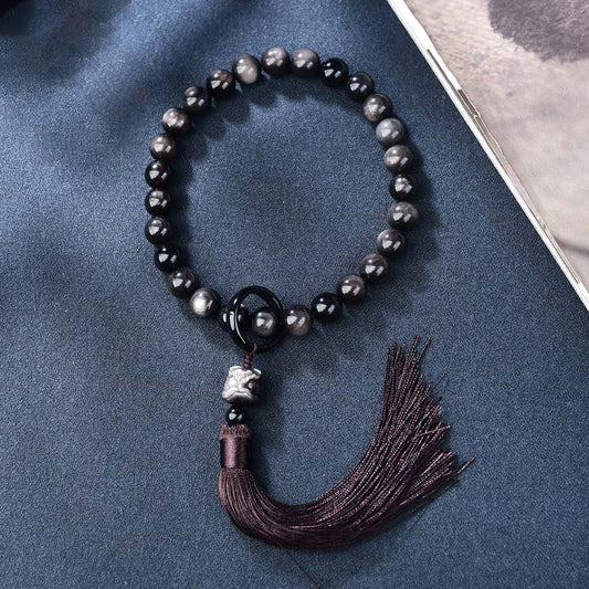 Spirituality Buddha Karma Natural Silver Sheen Obsidian Lion Wrist Mala Protection Tassels Pocket Mala Car Decoration