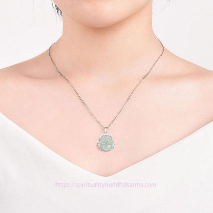 Jade  925 Sterling Silver Laughing Buddha Jade Luck Calm Necklace Chain Pendant
