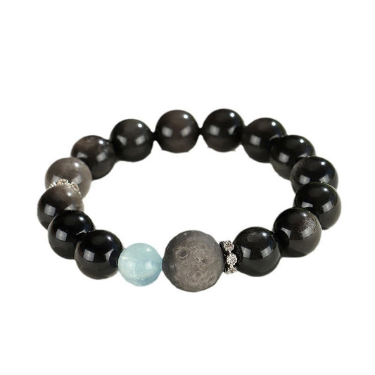 Spirituality Buddha Karma Natural Silver Sheen Obsidian Cat Head Fox Planet Protection Bracelet