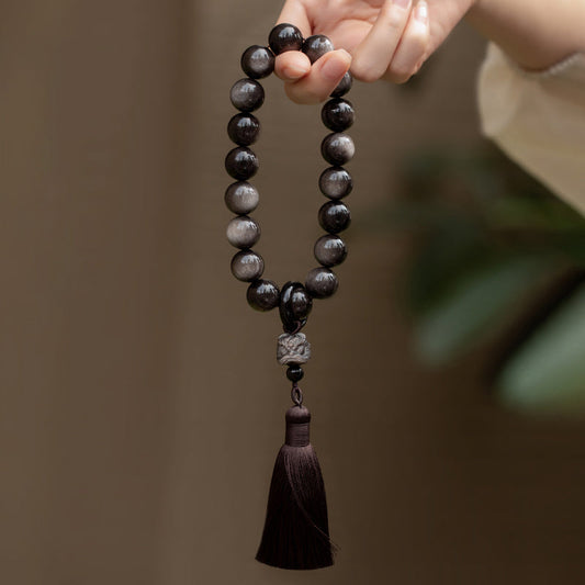 Spirituality Buddha Karma Natural Silver Sheen Obsidian Black Obsidian Lion Wrist Mala Protection Tassels Pocket Mala Car Decoration