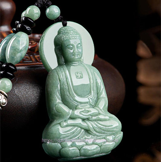 Jade  Amitabha Buddha Jade Amulet Compassion String Necklace