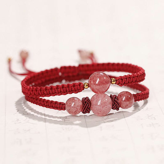 Ancient Tibetan Buddhist Red String Tradition  Natural Strawberry Quartz Crystal Love Red String Weave Bracelet Anklet