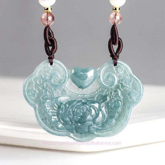 Jade  Natural Jade Peony Flower Lock of Good Wishes Prosperity Necklace Pendant