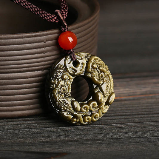Spirituality Buddha Karma Gold Sheen Obsidian Peace Buckle Pixiu Copper Coin Wealth Necklace Pendant