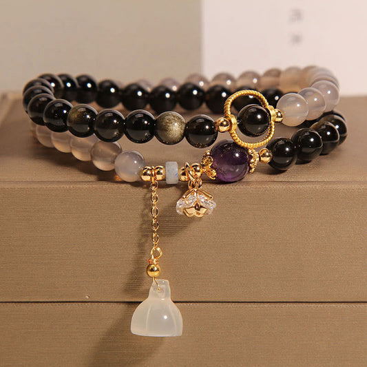 Spirituality Buddha Karma Gold Sheen Obsidian Gray Agate Lotus Charm Strengthen Double Wrap Bracelet